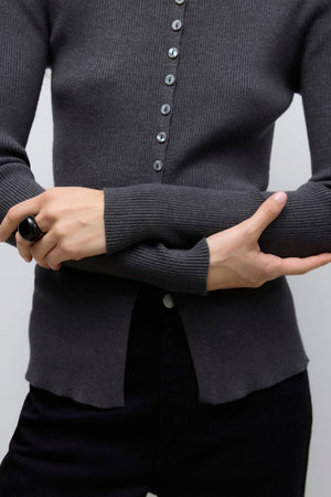 Ukino O-Neck Strikkecardigan - Mørk Gråmelert
