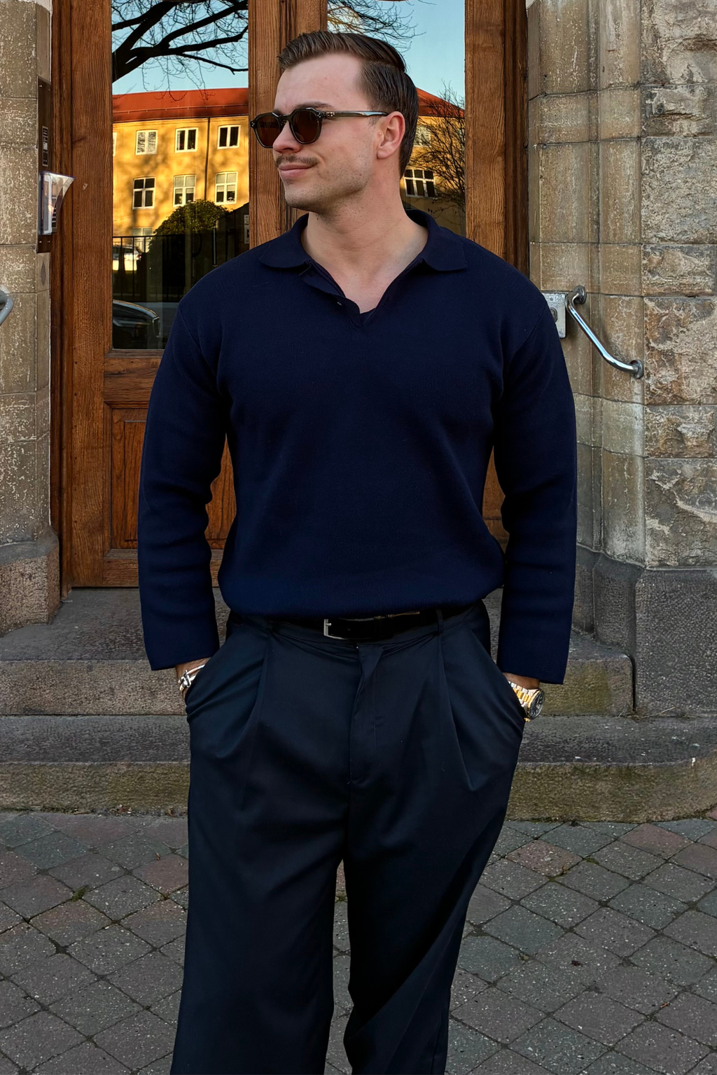 Strikket Langermet Polo - Navy
