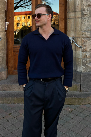 Strikket Langermet Polo - Navy