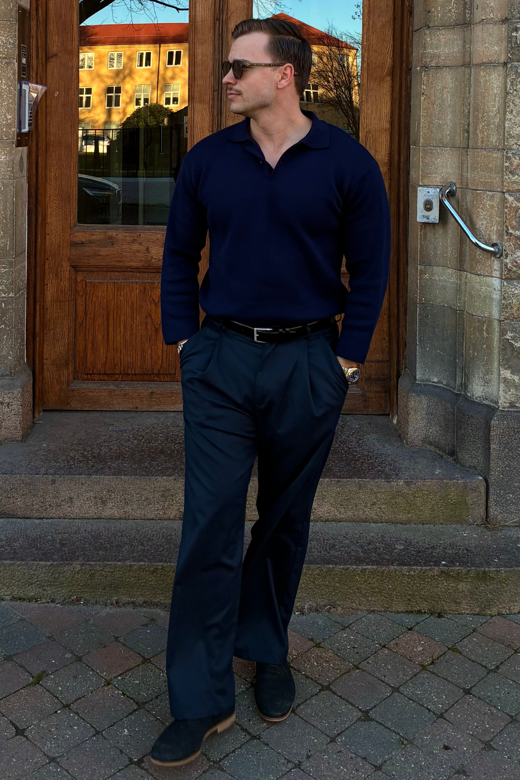 Strikket Langermet Polo - Navy