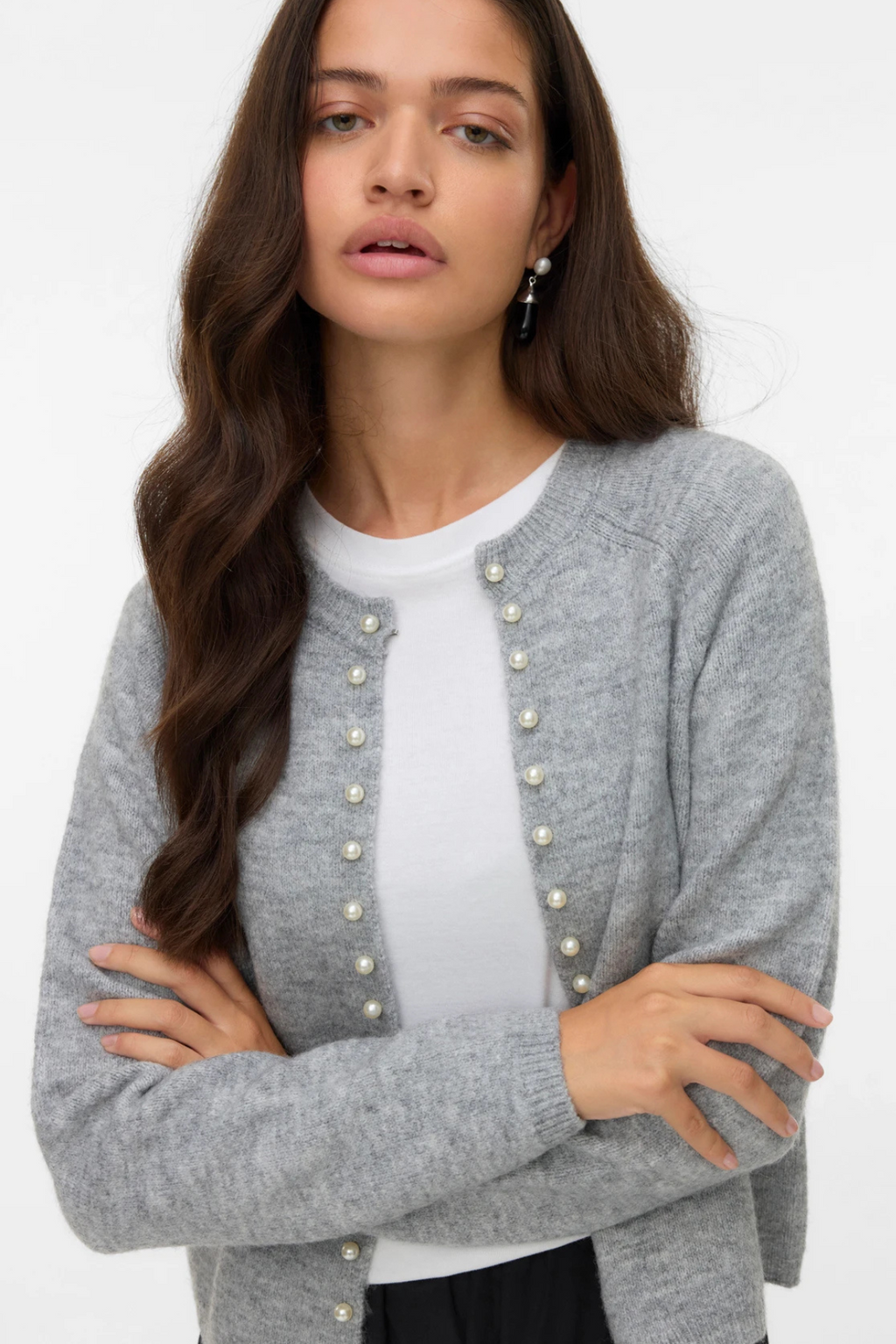 Magalene O-Neck Pearl Cardigan - Medium Grey Melange