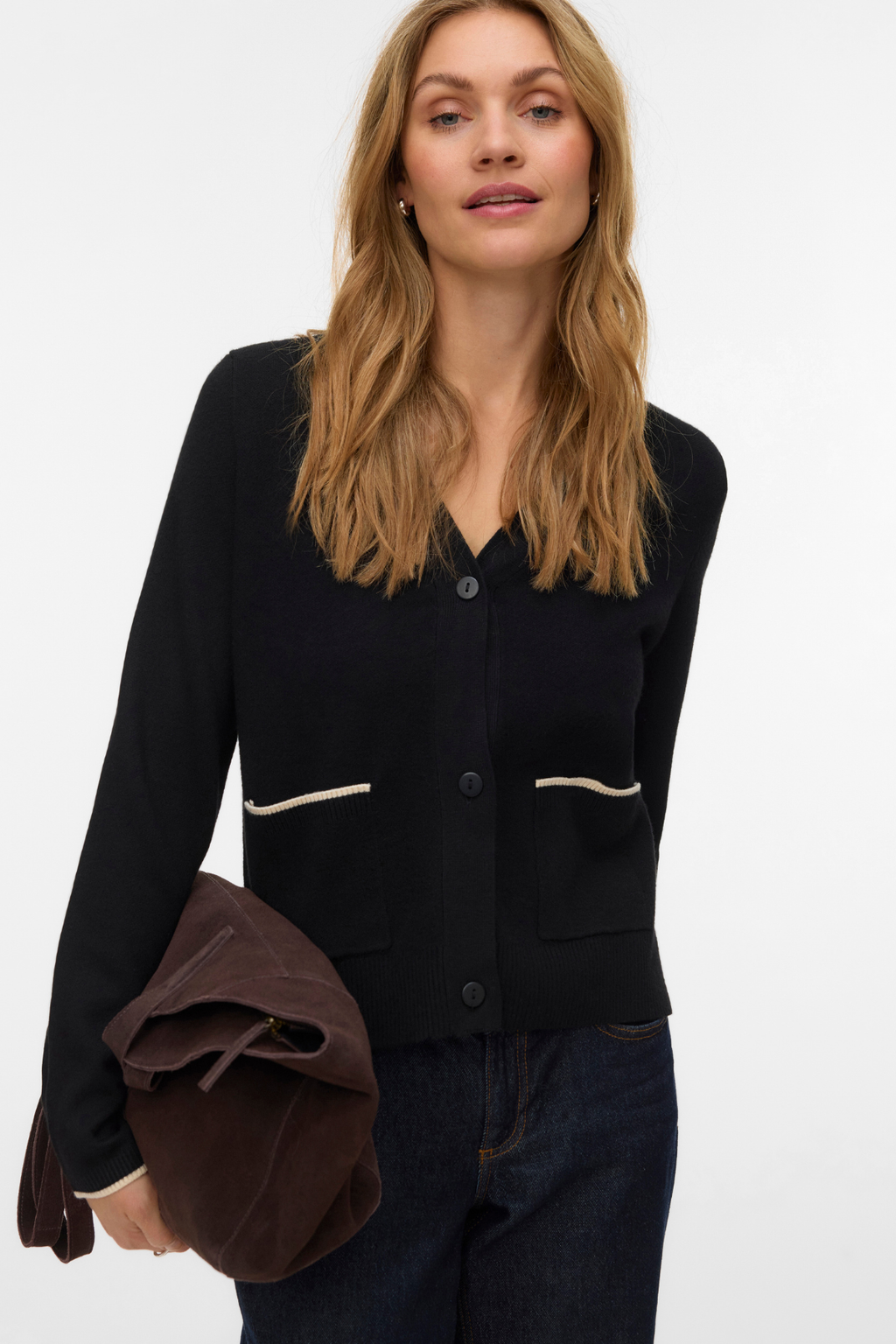 Gold V-hals Cardigan med Kontrast - Svart m. Birch