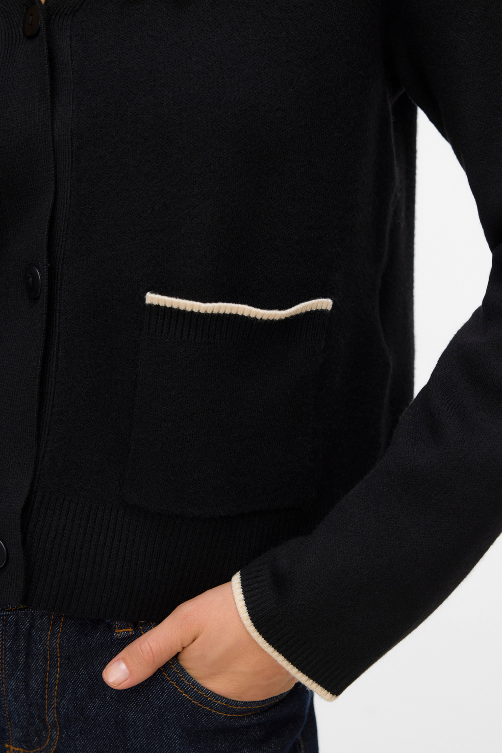 Gold V-hals Cardigan med Kontrast - Svart m. Birch