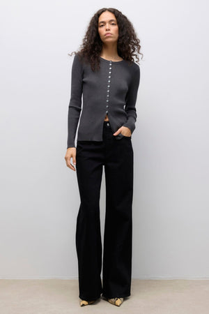 Ukino O-Neck Strikkecardigan - Mørk Gråmelert