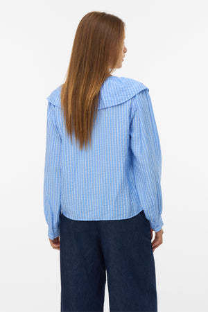 Kaja V-Neck Frill Shirt - Vista Blue Sandra