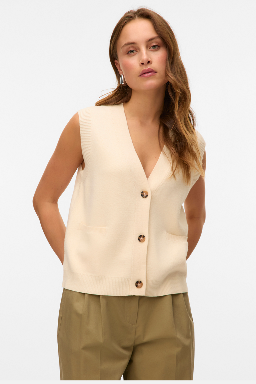 Saba V-Neck Button Vest - Birch