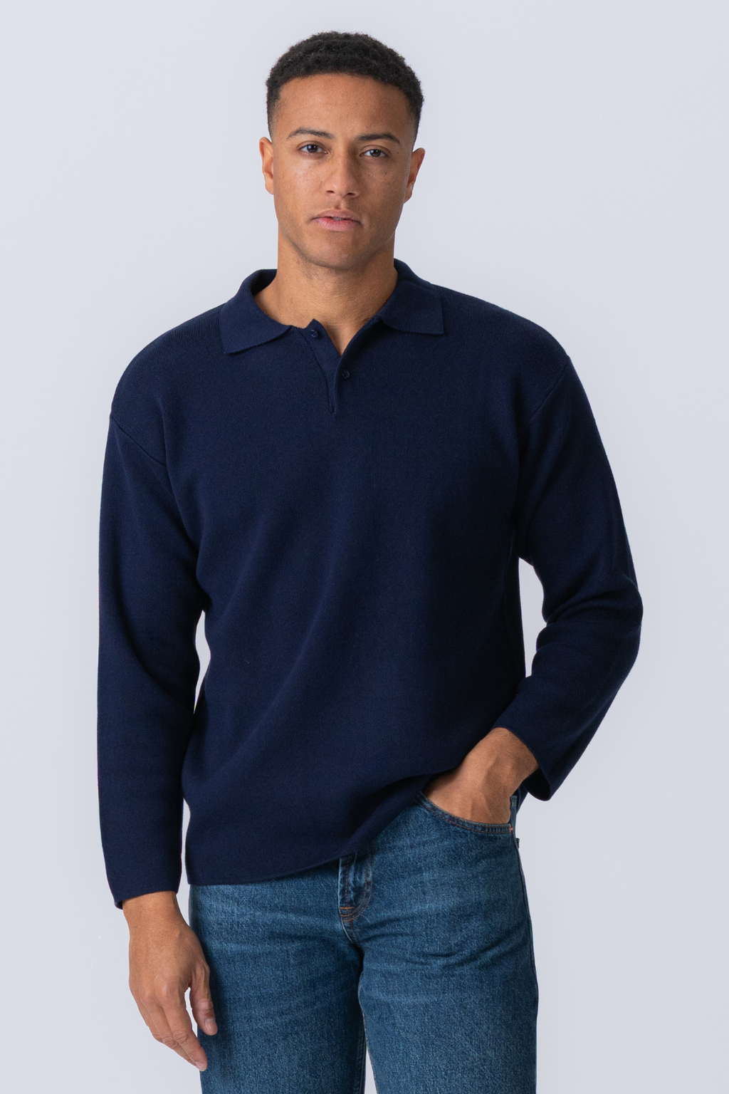 Strikket Langermet Polo - Navy