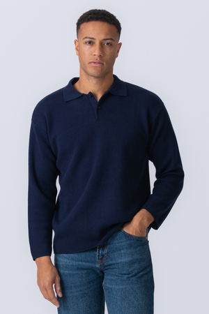 Strikket Langermet Polo - Navy
