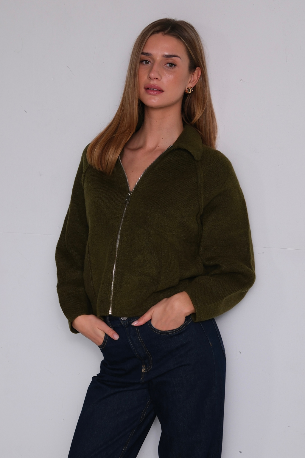 Selma Strikkegenser med Glidelås - Khaki