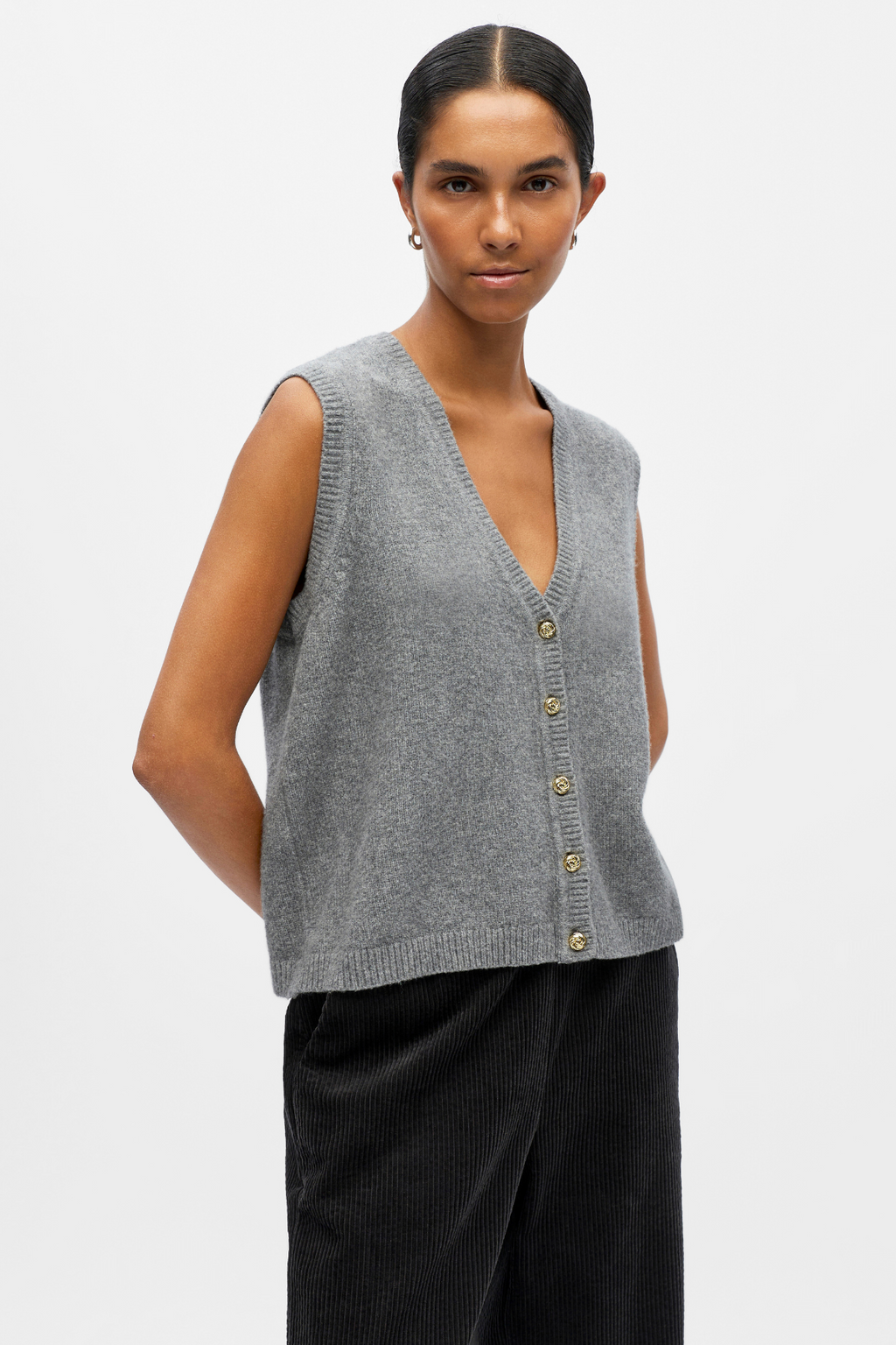 Ivona S/L Strikkevest - Medium Grå Melange