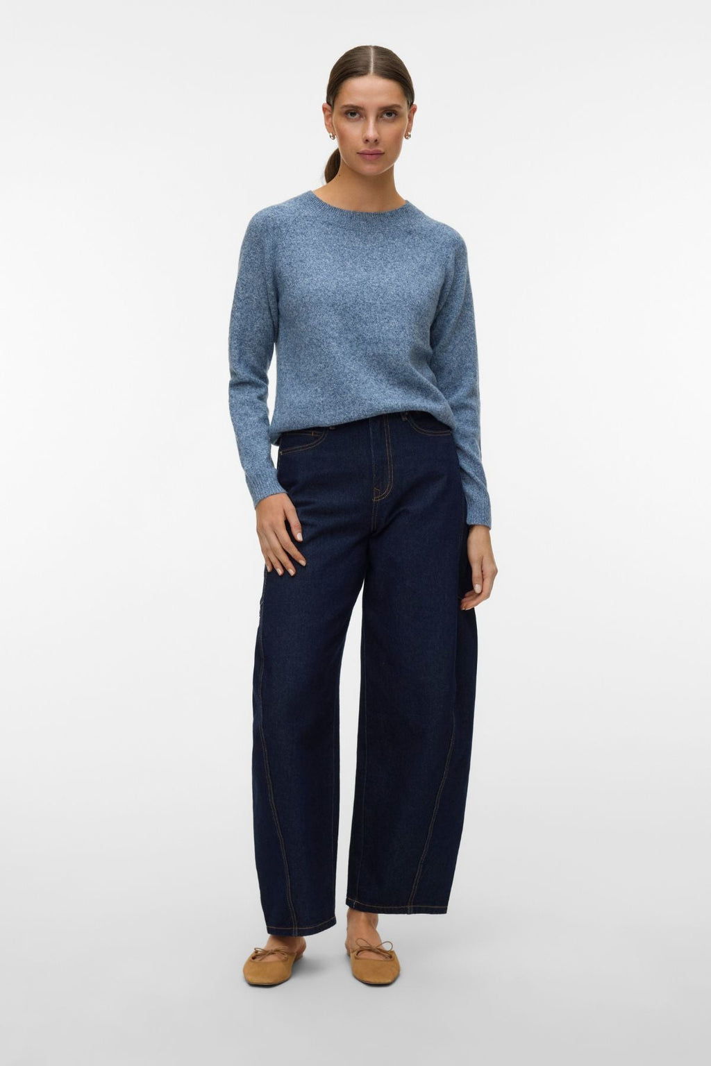 Doffy O-Neck Bluse - Mørk Denim m. Hvit Melange