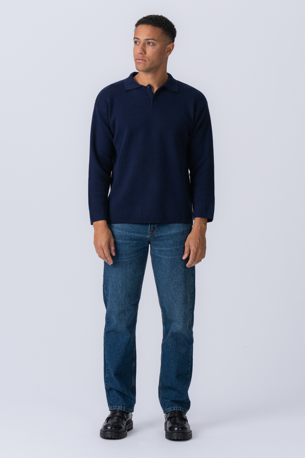 Strikket Langermet Polo - Navy