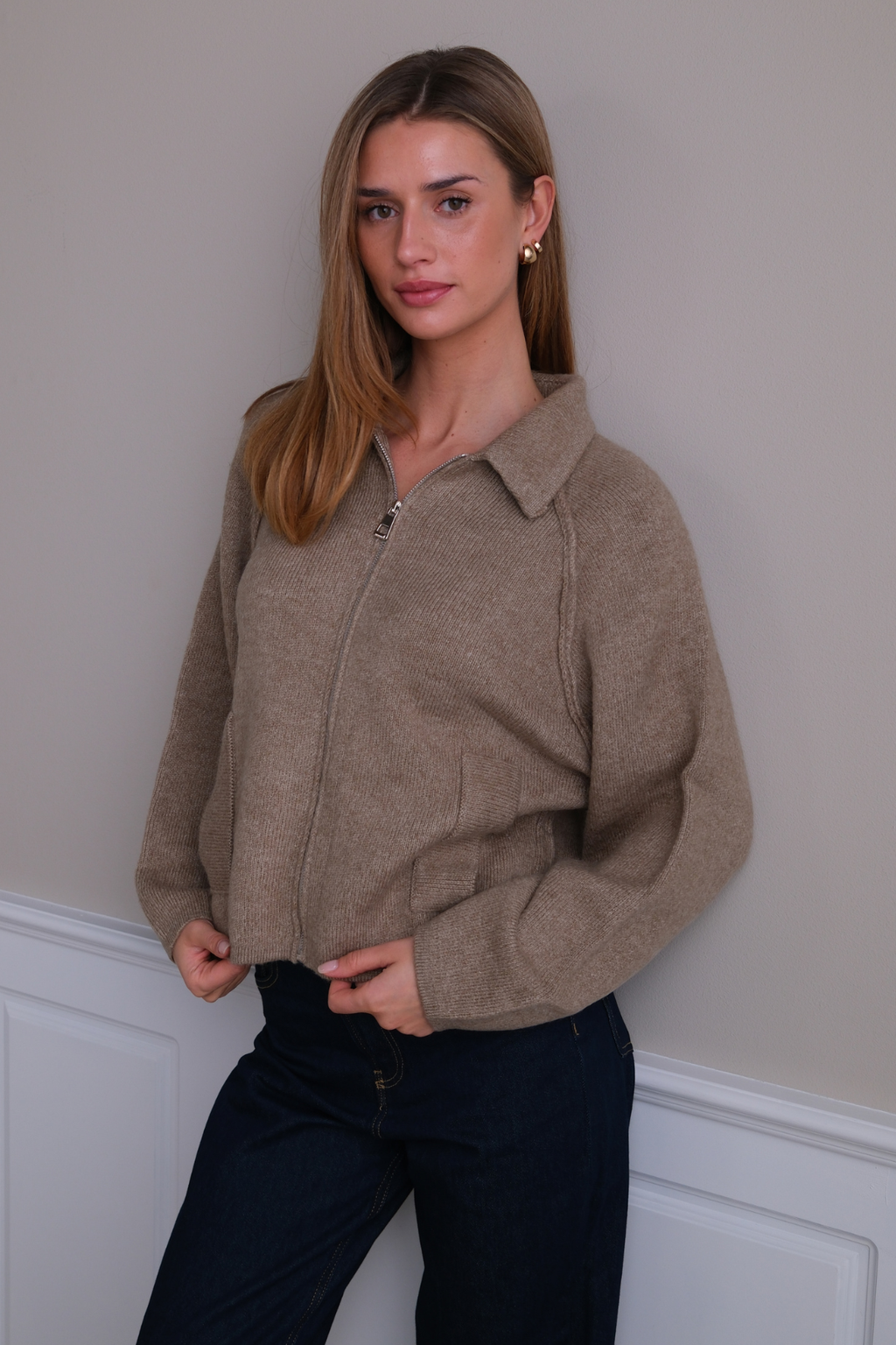 Selma Strikkegenser med Glidelås - Beige