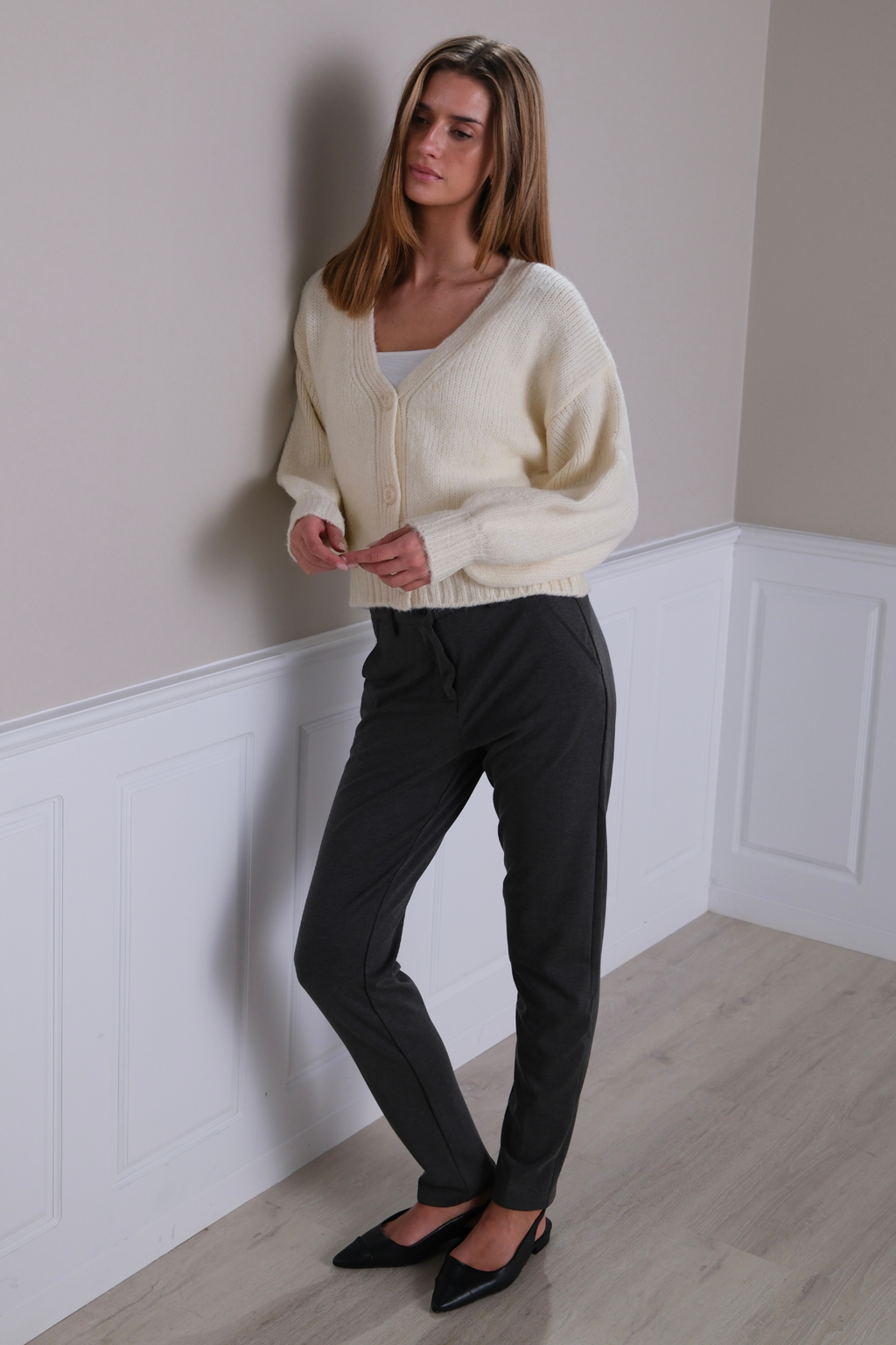 Cardigan med V-hals - Ecru