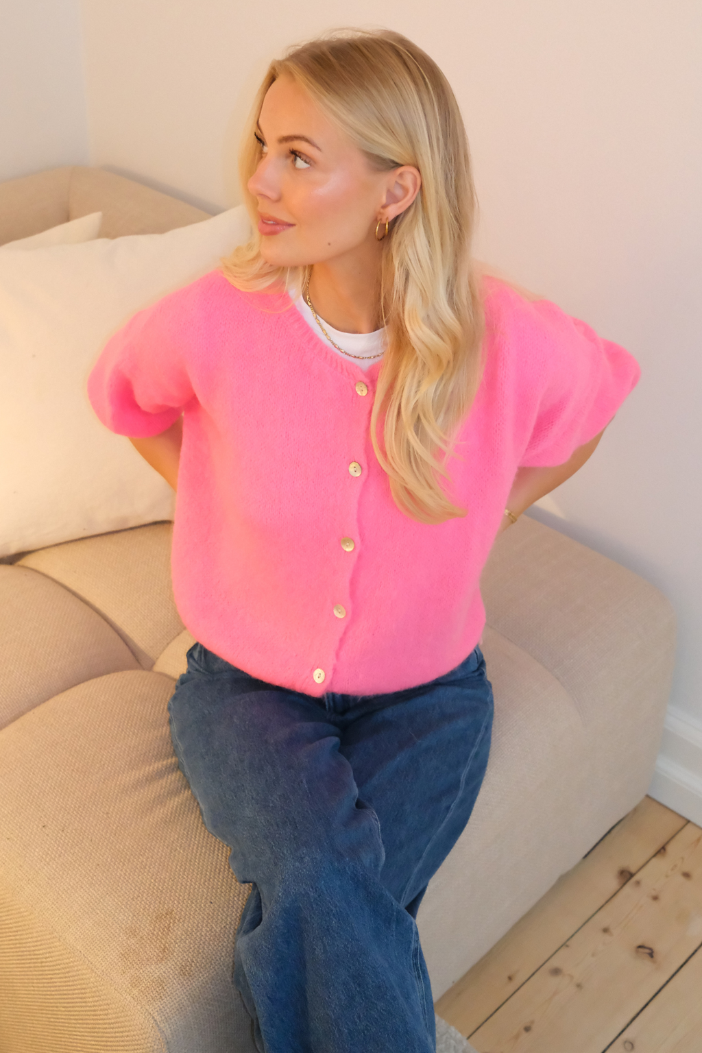 Mary Kortermet Strikkegenser - Baby Pink