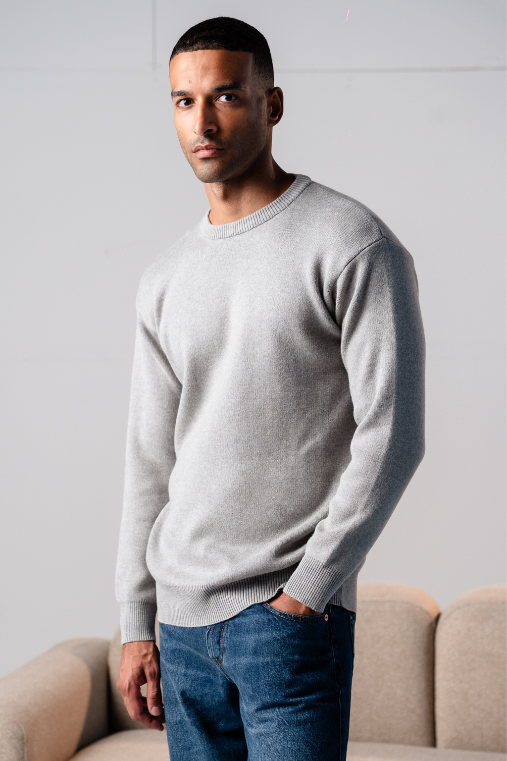 Crewneck Knit Sweater - Lys Grå