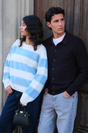 Celina Stripete Strikket Genser - Hvit/Himmelblå