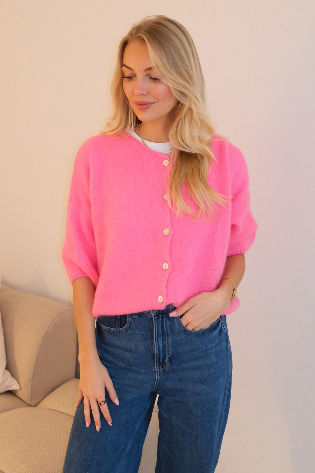 Mary Kortermet Strikkegenser - Baby Pink