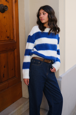 Celina Stripete Strikkegenser - Hvit-Navy