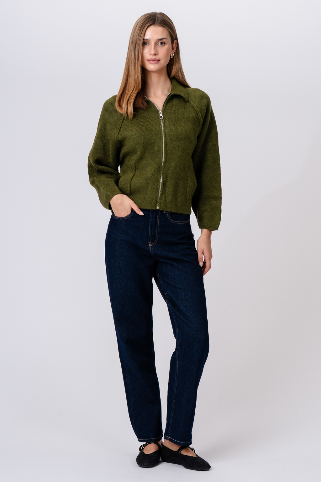 Selma Strikkegenser med Glidelås - Khaki