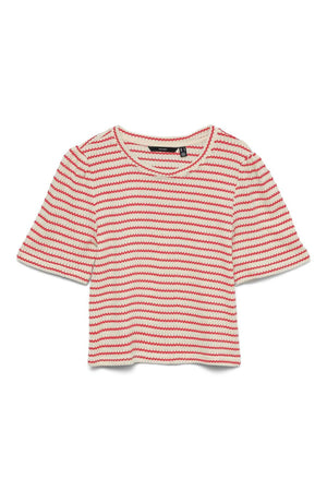 Ohia 2/4 O-Neck Topp - Birch stripete - Poinsettia