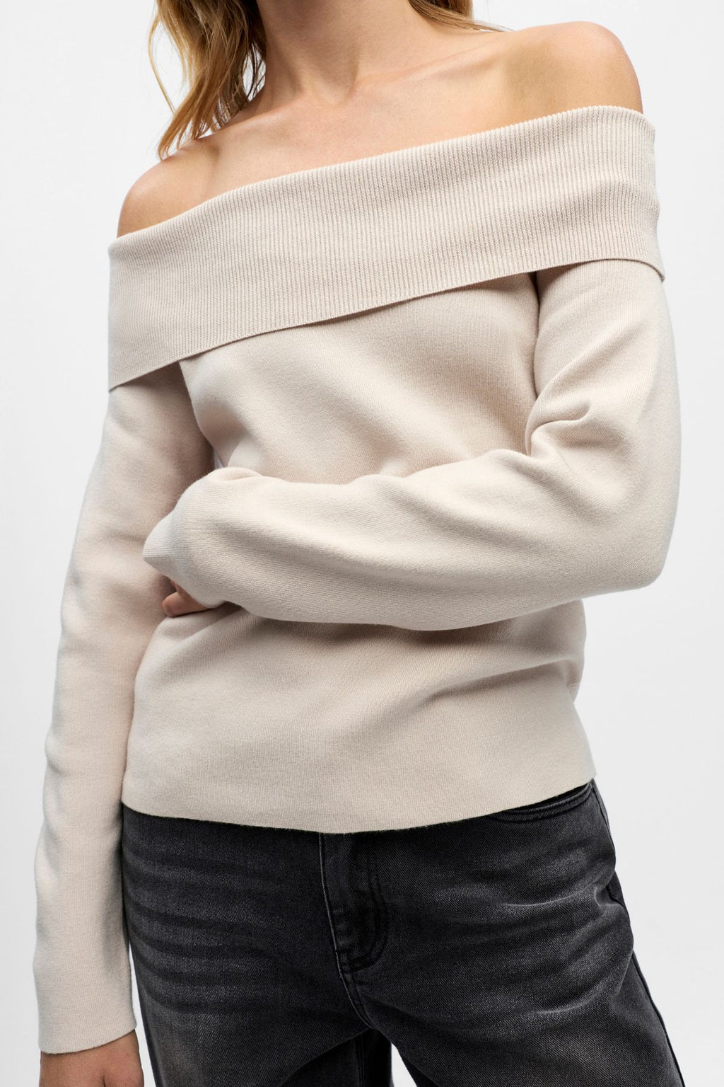 Reynard Off Shoulder Strikkegenser - Sølvgrå