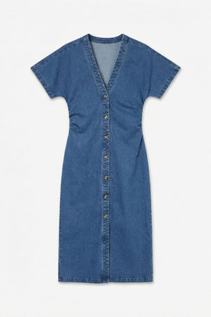 Melaney 2/4 V-Neck Denimkjole - Medium Blue Denim