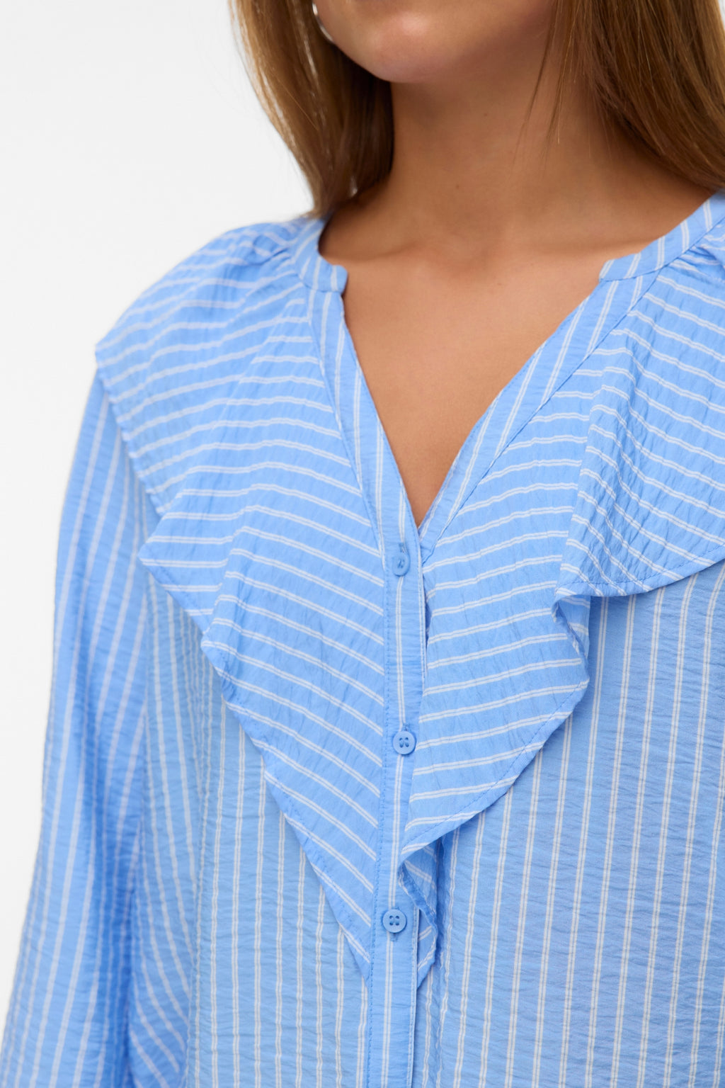 Kaja V-Neck Frill Shirt - Vista Blue Sandra