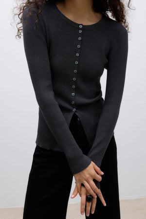 Ukino O-Neck Strikkecardigan - Mørk Gråmelert