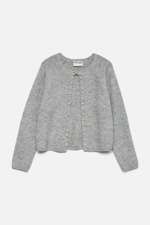 Magalene O-Neck Pearl Cardigan - Medium Grey Melange