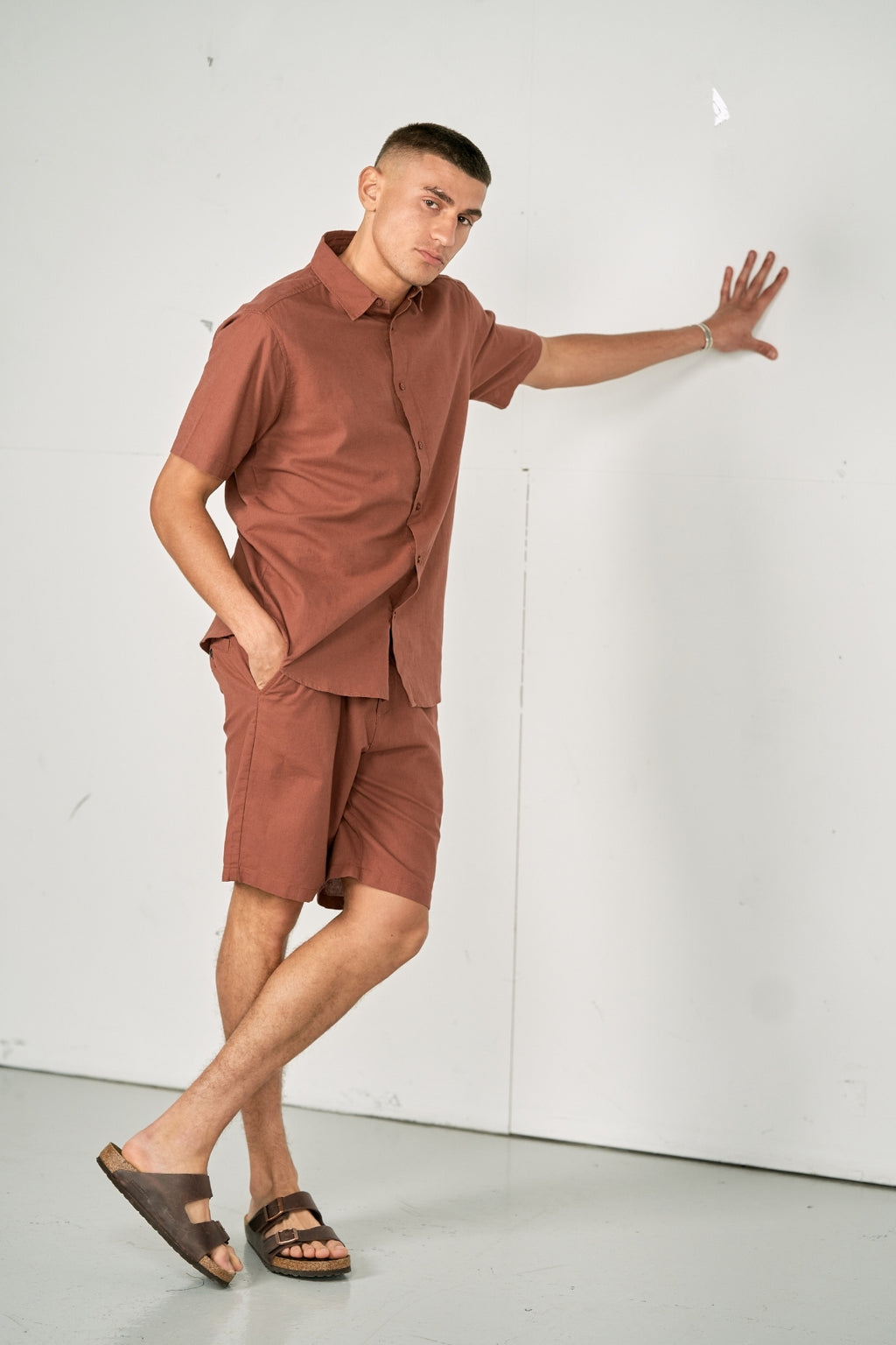 Linsesett Kortermet Skjorte + Linseshorts – Terracotta (Pakketilbud)