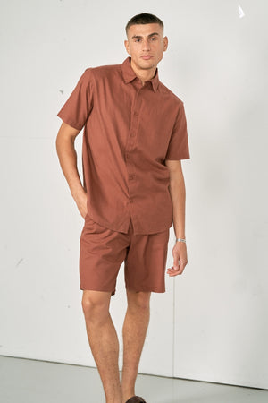 Linsesett Kortermet Skjorte + Linseshorts – Terracotta (Pakketilbud)