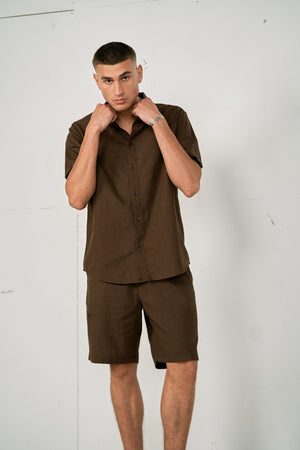Linsesett Kortermet Skjorte + Linseshorts – Mørkebrun (Pakketilbud)