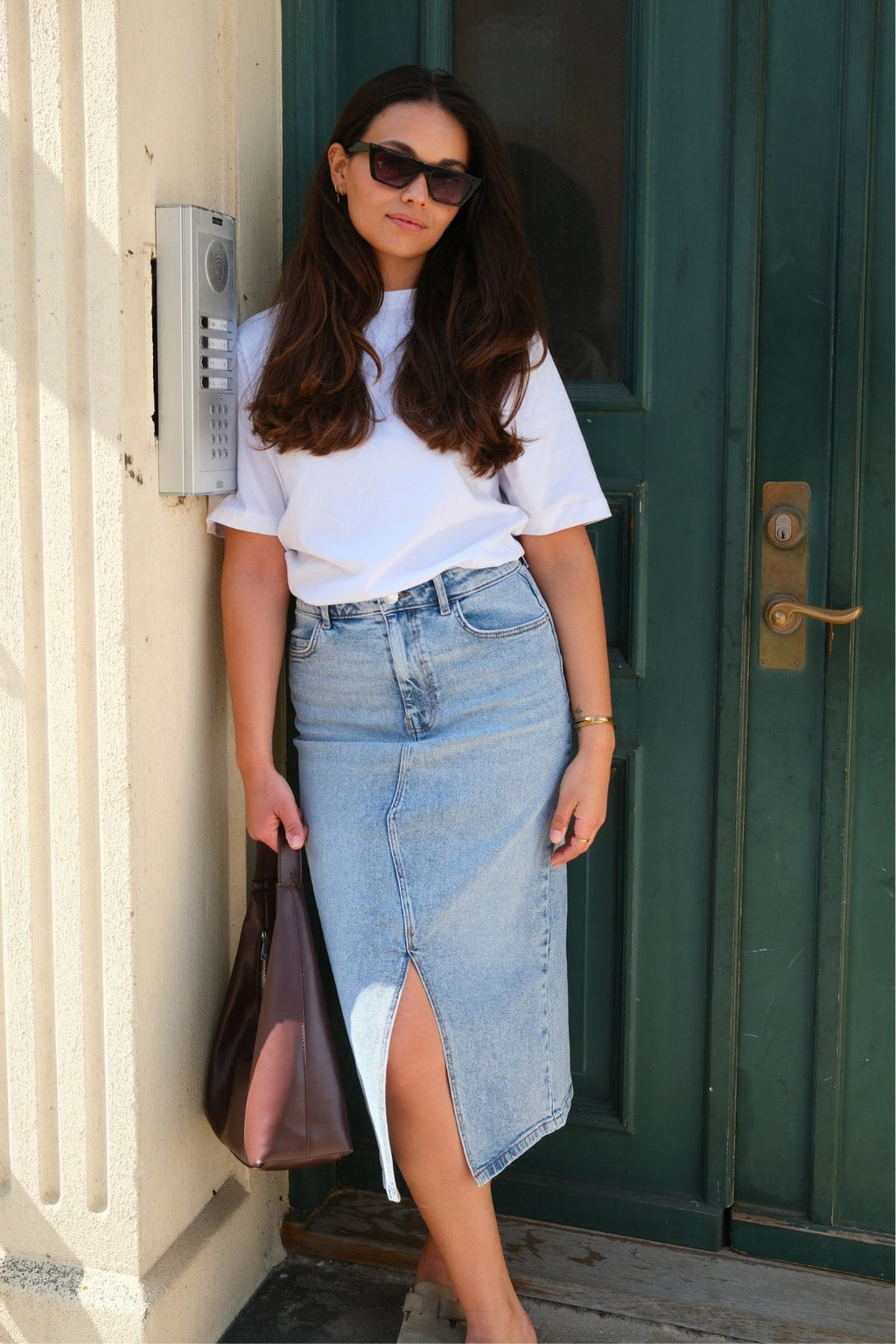 Natalie Midi Skjørt - Lys Blå Denim