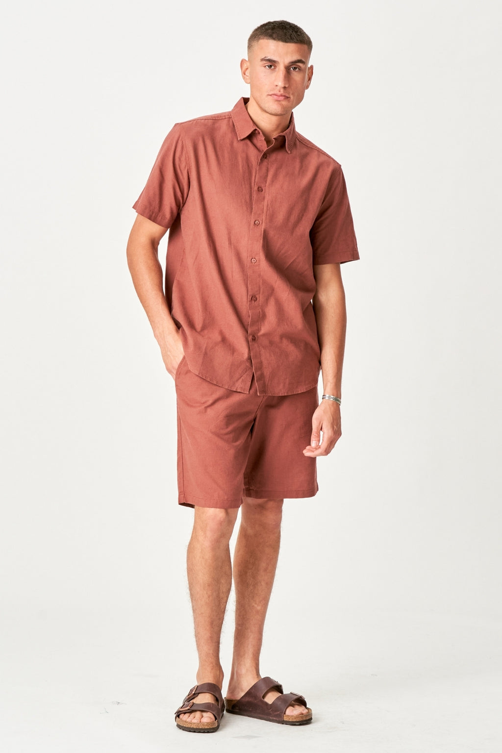 Linsesett Kortermet Skjorte + Linseshorts – Terracotta (Pakketilbud)