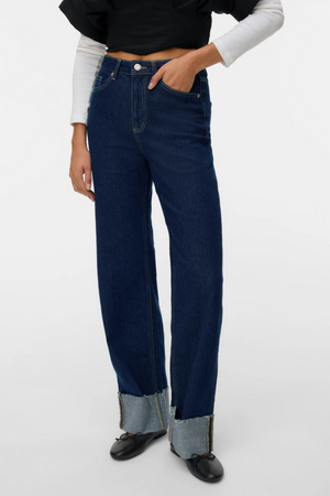 Tessa Fold Up Wide Denim Jeans - Mørk blå denim