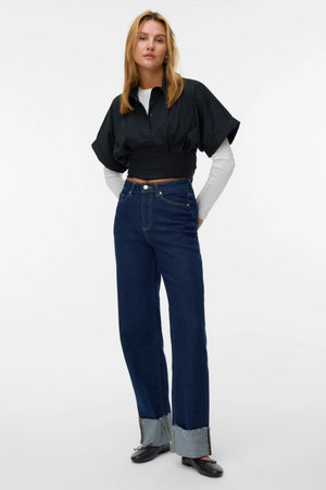 Tessa Fold Up Wide Denim Jeans - Mørk blå denim
