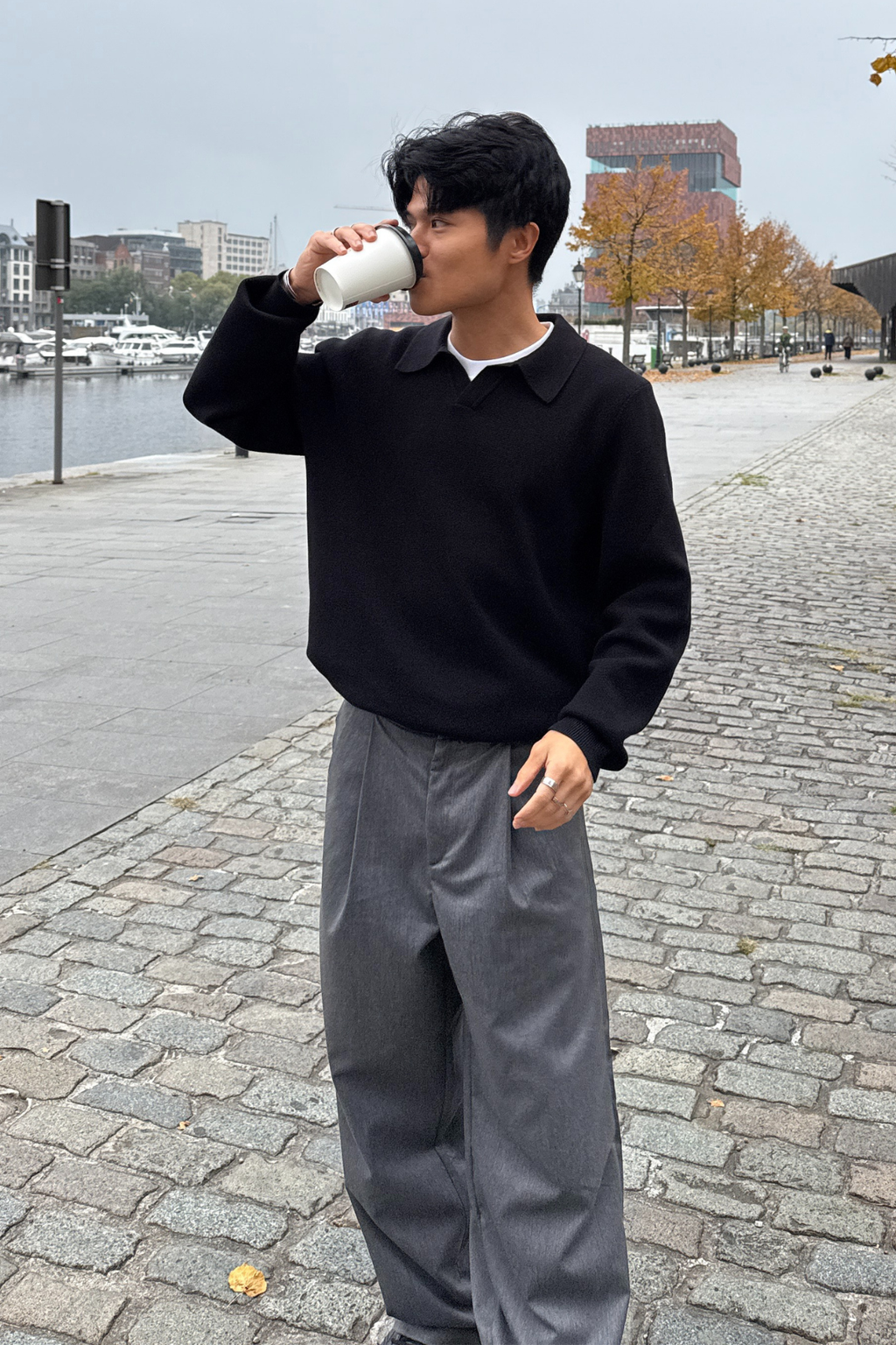 Strikket Langermet Polo - Svart