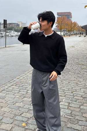 Strikket Langermet Polo - Svart