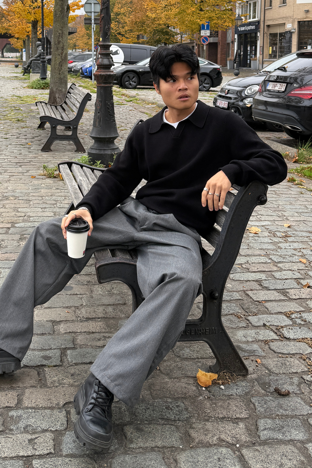 Strikket Langermet Polo - Svart