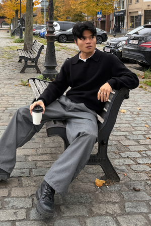 Strikket Langermet Polo - Svart