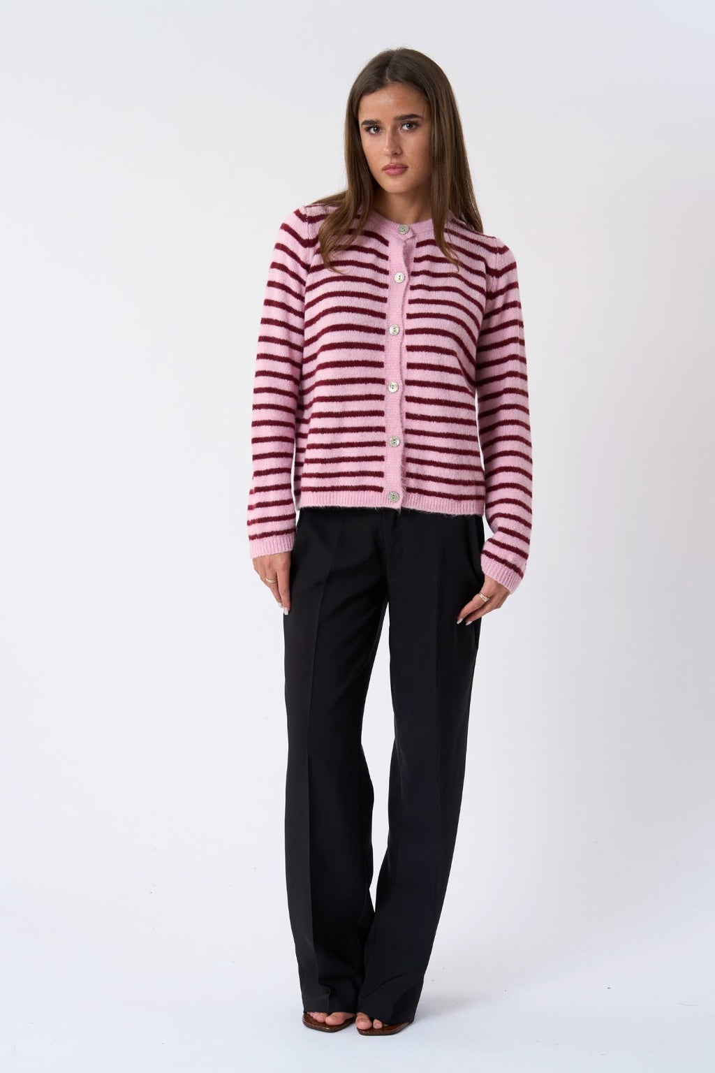 Crizette Stripete Strikkecardigan - Rosa/Burgunder