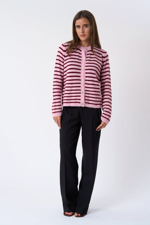 Crizette Stripete Strikkecardigan - Rosa/Burgunder
