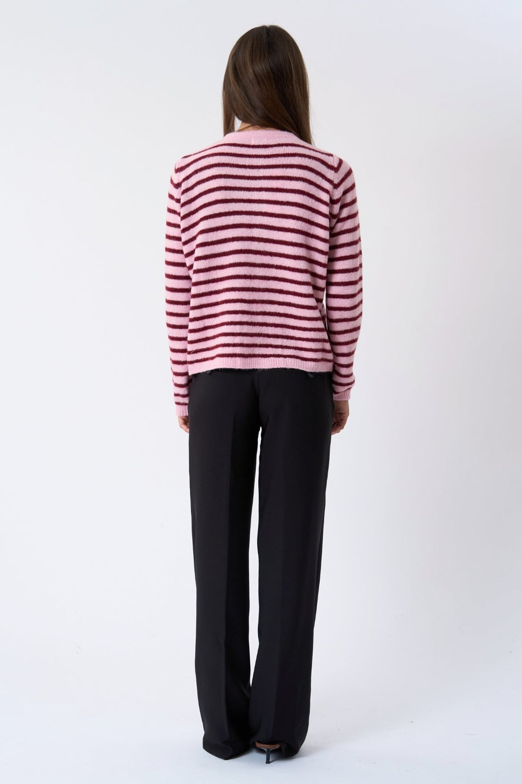 Crizette Stripete Strikkecardigan - Rosa/Burgunder