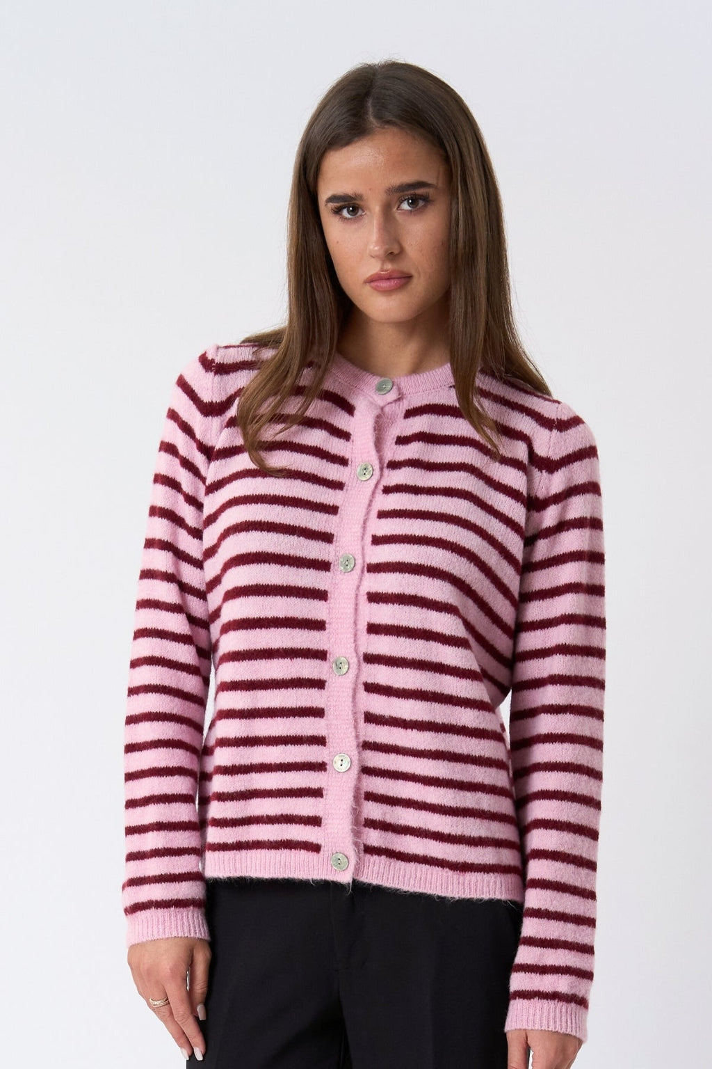 Crizette Stripete Strikkecardigan - Rosa/Burgunder