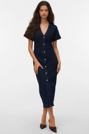 Sanni V-hals Kjole - Dark Blue Denim