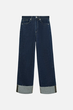 Tessa Fold Up Wide Denim Jeans - Mørk blå denim
