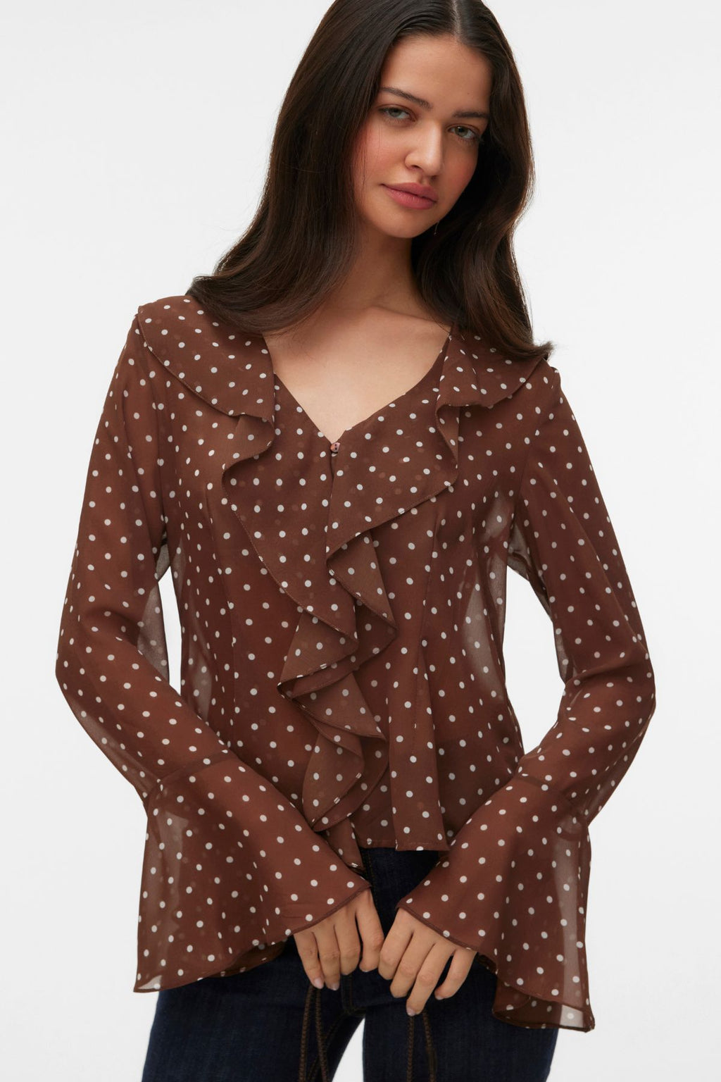 Willow Frill Topp - Chocolate Martini: Snow white dot