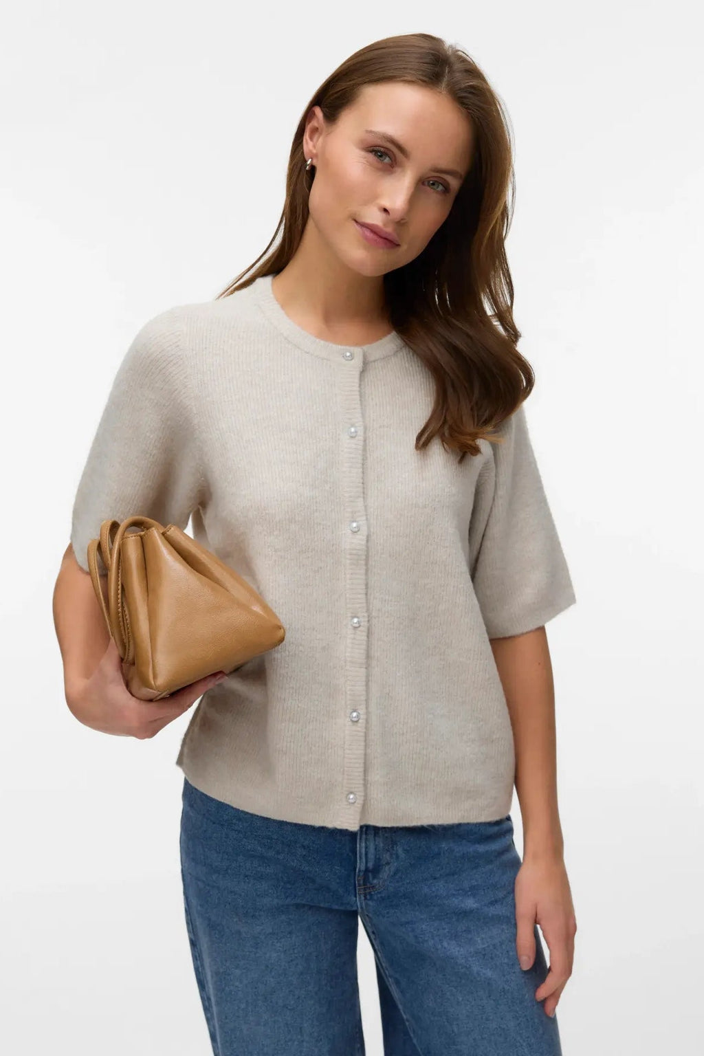 Lefile 2/4 O-Neck Perlecardigan - Pumice Stone Melange