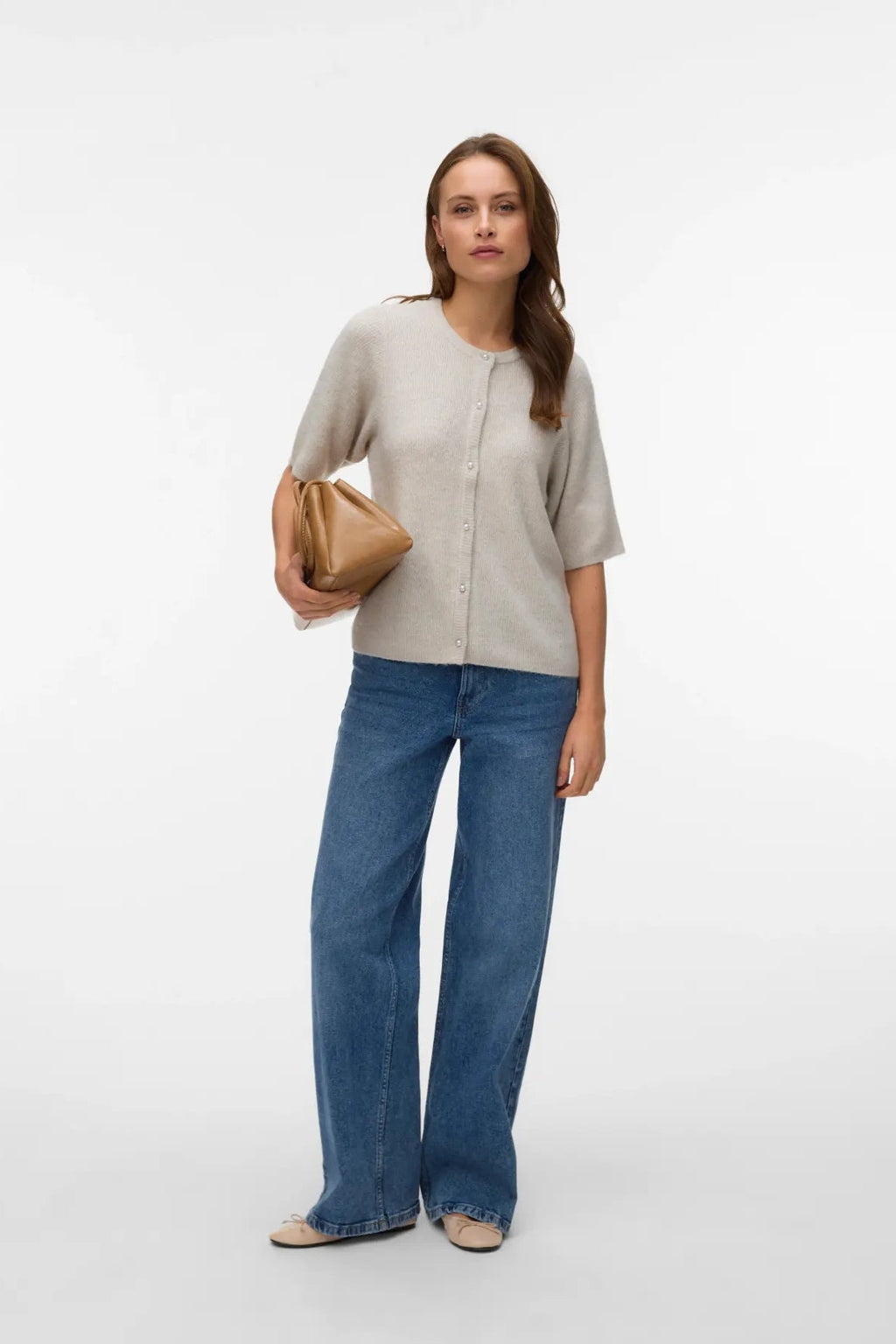 Lefile 2/4 O-Neck Perlecardigan - Pumice Stone Melange